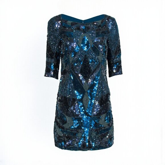 French Connection Sequin Mini Dress Teal and Black | Size 4, Worn Once - Picture 3 of 7